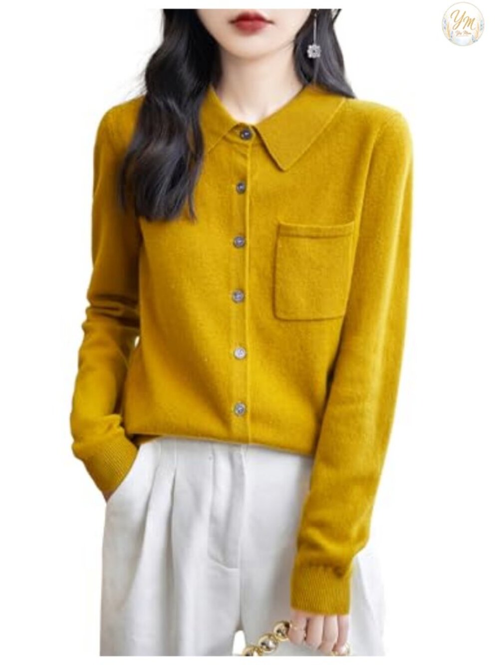 100% Merino Wool Cardigan Sweater with Pocket - Lightweight Long Sleeve Knit